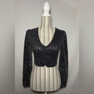 Altar’d State Black Sequin Star Crop Top Long Sleeve Size S NWT